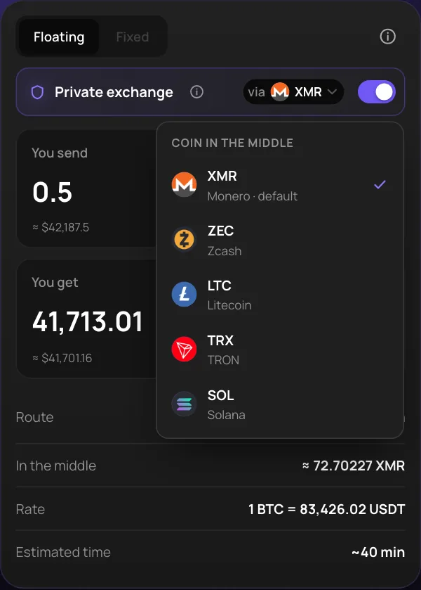 Coin in the middle menu in Changerella App: XMR Monero default, ZEC Zcash, LTC Litecoin, TRX TRON, SOL Solana