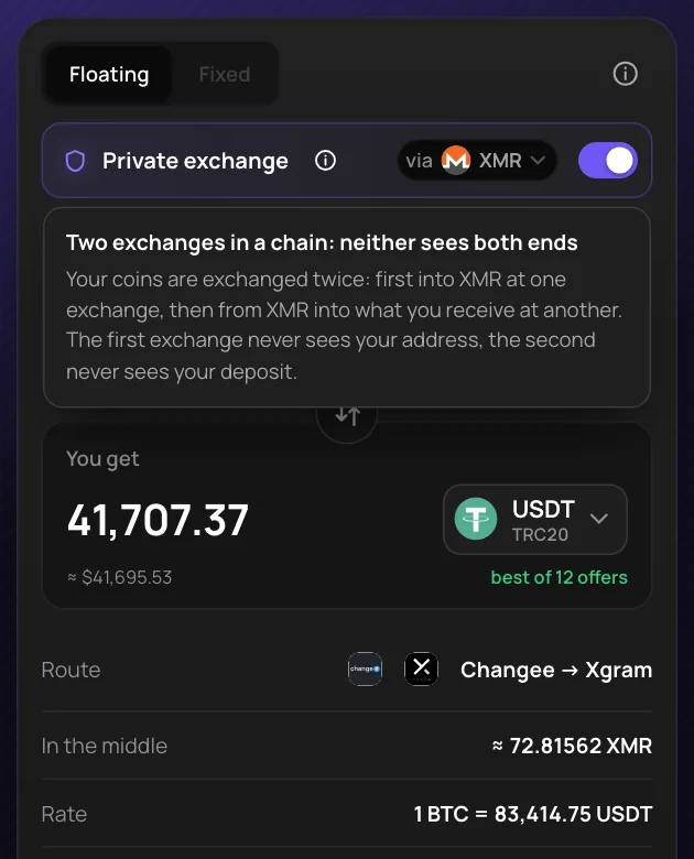 Tooltip in Changerella App explaining private exchange: two exchanges in a chain, neither sees both ends