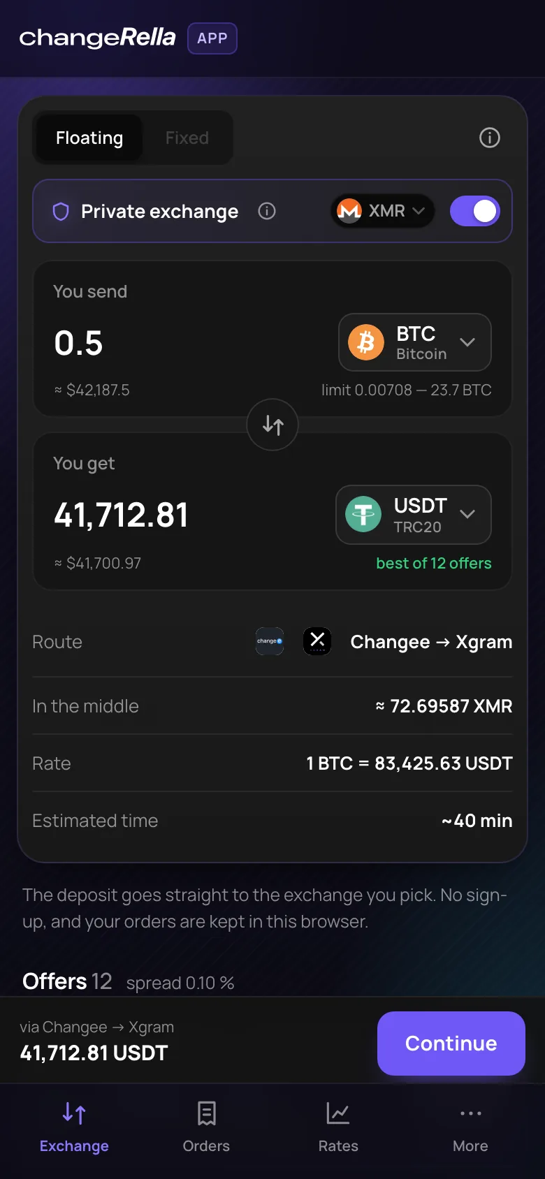 Changerella App private exchange on a phone: private switch on, BTC to USDT via XMR, route and amount in the middle