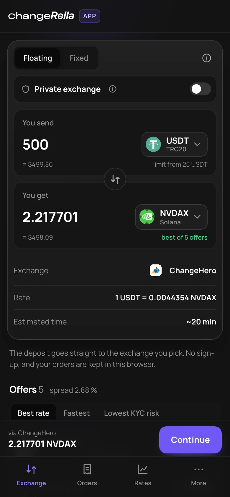 Changerella App on a phone: 500 USDT TRC20 to NVDAX NVIDIA tokenized stock on Solana, best of 5 offers via ChangeHero