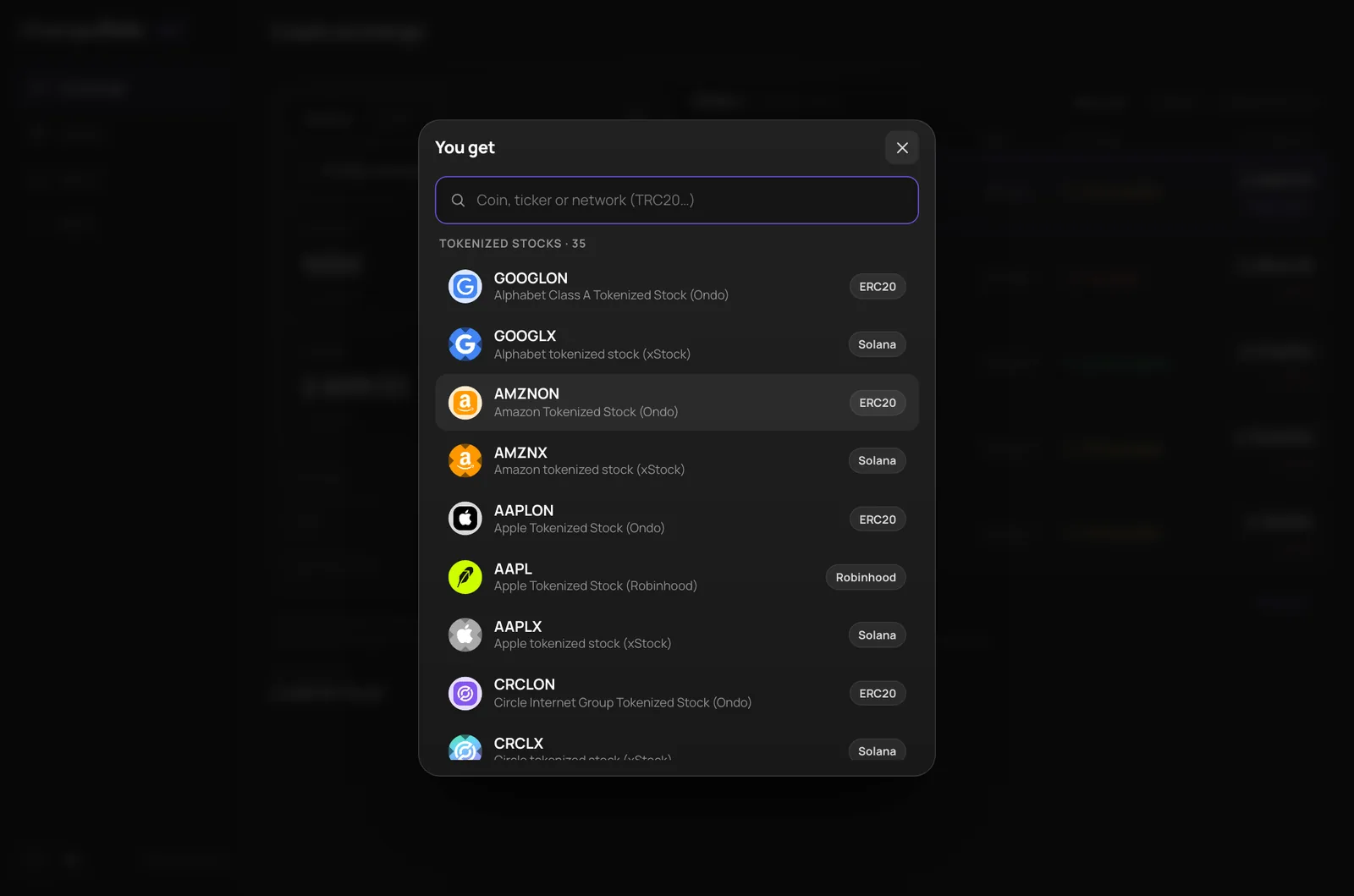 Coin picker in Changerella App with a separate Tokenized stocks group of 35 tokens: Alphabet GOOGLON and GOOGLX, Amazon AMZNON and AMZNX, Apple AAPLON, AAPL and AAPLX
