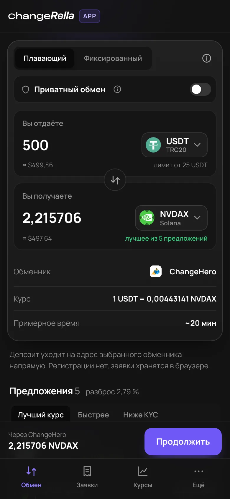 Changerella App на телефоне: 500 USDT TRC20 на NVDAX, токенизированную акцию NVIDIA в сети Solana